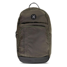 Olive rider backpack front view with circular logo and zip closure pocket.