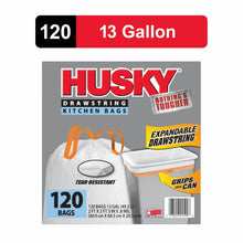 Husky 13-gallon kitchen drawstring bags, 120-pack box with white bag and orange loops