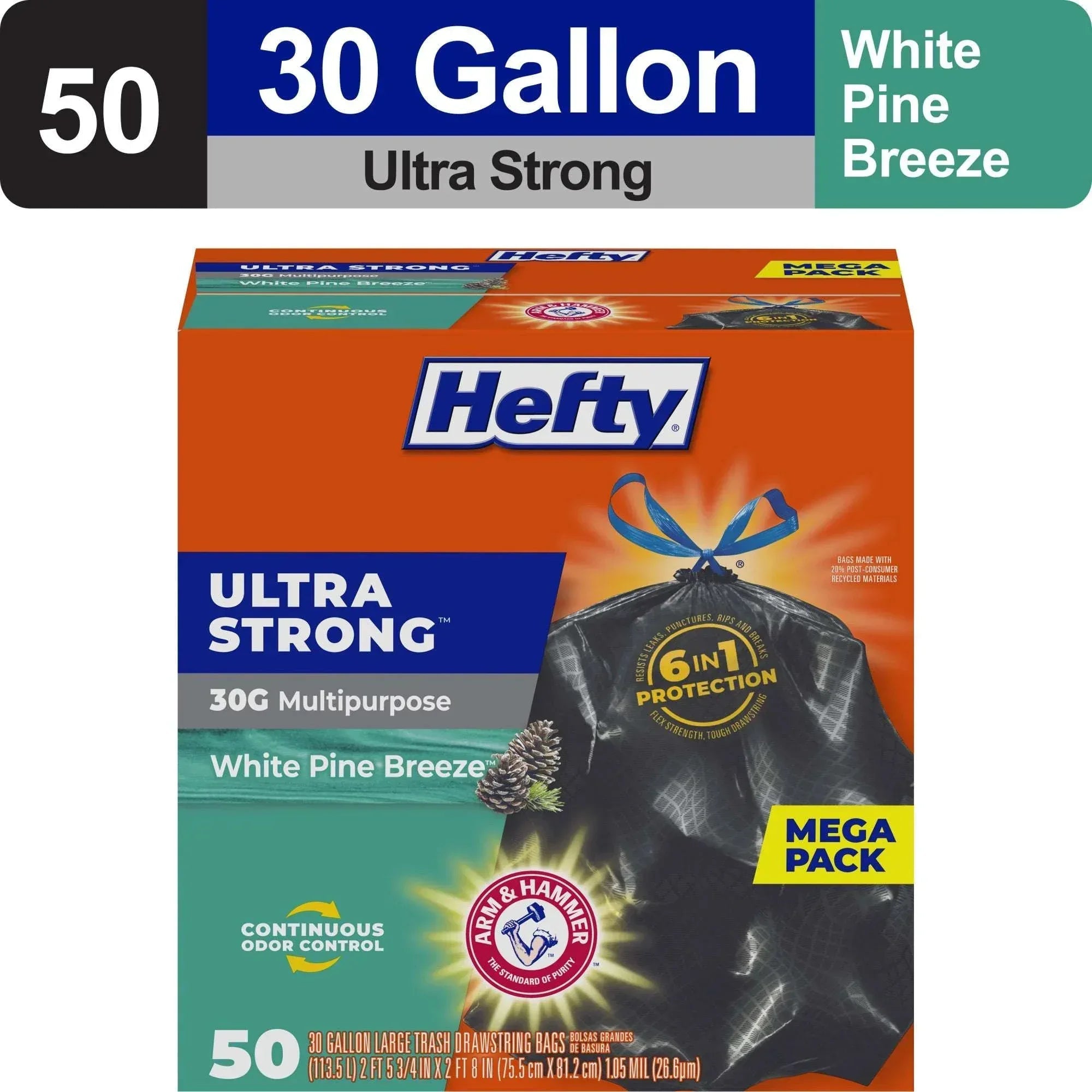 Hefty Ultra Strong 30 gallon Trash Bags, Black Large Trash Bags, White Pine Breeze Scent, 20 Bags