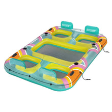 Four-person inflatable island with cup holders and teal mesh deck, colorful stripes