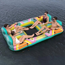 Four-person inflatable party island with mesh deck and colorful striped pontoons