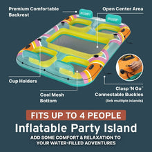 Inflatable party island with backrests, cup holders, and connectable clasp points