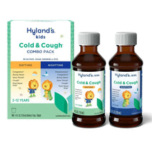 Kids cold & cough combo pack with two brown bottles and day/night boxes