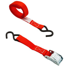 Red cam buckle tie-down strap with black S-hook and metal buckle hardware