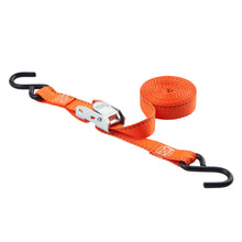 Orange cam buckle tie-down strap with black J-hooks and metal ratchet buckle