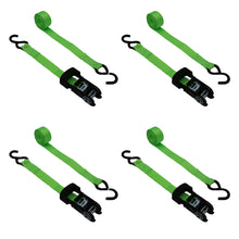 Green ratchet tie-down strap with black ratchet and S-hook ends, 1-inch width