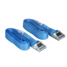 Blue cam buckle lashing straps with metal end hardware, 2-pack
