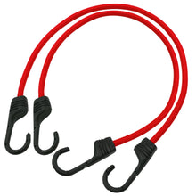 Red bungee cords with black hooks, bundled pair on white background