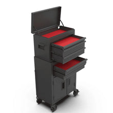 Black steel tool chest with lid open, red-lined drawers pulled out, cabinet doors, wheels.