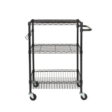 Black 3-tier wire rolling cart with side handle and four swivel caster wheels