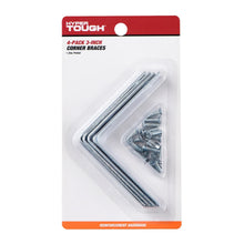 Zinc-plated steel corner braces with screws, 4-pack in retail blister