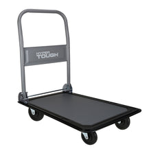 Rolling utility cart with dark platform and gray metal handle frame