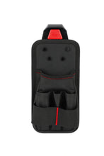 Tool pouch organizer, black with front pockets and red stitching, stackable