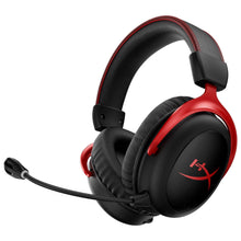Wireless gaming headset with black earcups, red accents, and padded headband