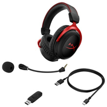 Wireless gaming headset with boom mic, USB and charging cables, black with red accents