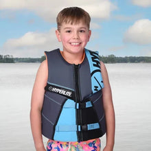 Youth life vest with front zipper, dark navy and light blue, adjustable teal waist straps