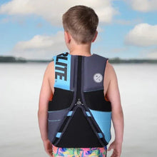 Youth life vest back view, dark navy and light blue panels with adjustable harness straps