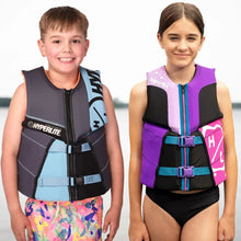 Youth life vest with front zipper, dark navy and light blue panels, teal straps