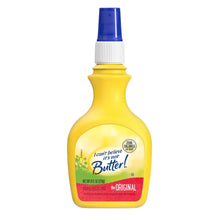 Butter spray bottle with blue cap, yellow bottle, and white sprayer top.