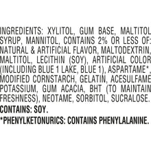Chewing gum ingredients label listing sweeteners, flavors, and additives.