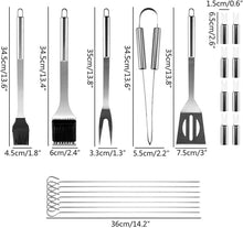 Stainless steel BBQ tool set with labeled sizes for spatula, fork, and brush