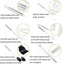 Stainless steel BBQ tool set features: spatula, fork, brush, and hanging hooks