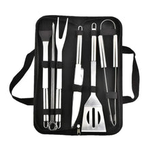 Stainless steel BBQ utensil set with spatula, fork, knife, brush, tongs in black bag