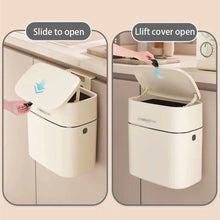 Slim trash can with press lid open, wall-mount style, cream plastic body