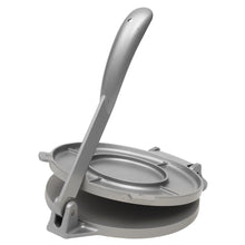 Gray cast aluminum tortilla press with hinged handle and round pressing plate