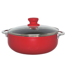 Red ceramic caldero with glass lid and steam vent, with side handles