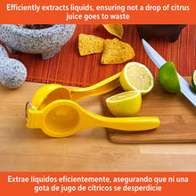 Yellow lemon squeezer with open straining cup and long handles