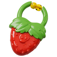 Infantino vibrating teether in red strawberry shape with green leaf handle
