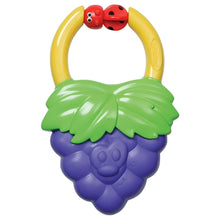 Infantino vibrating teether in dark purple grape shape with green leaf handle