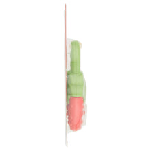 Infantino vibrating teether with green body and pink tip on clear backing
