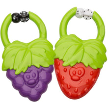 Infantino vibrating teether with purple strawberry and red strawberry grips