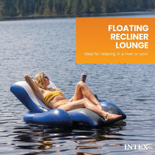 INTEX floating recliner with a contoured back and armrests, shown in use on a lake