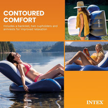 INTEX inflatable lounge showing its contoured backrest, armrests and cup holders