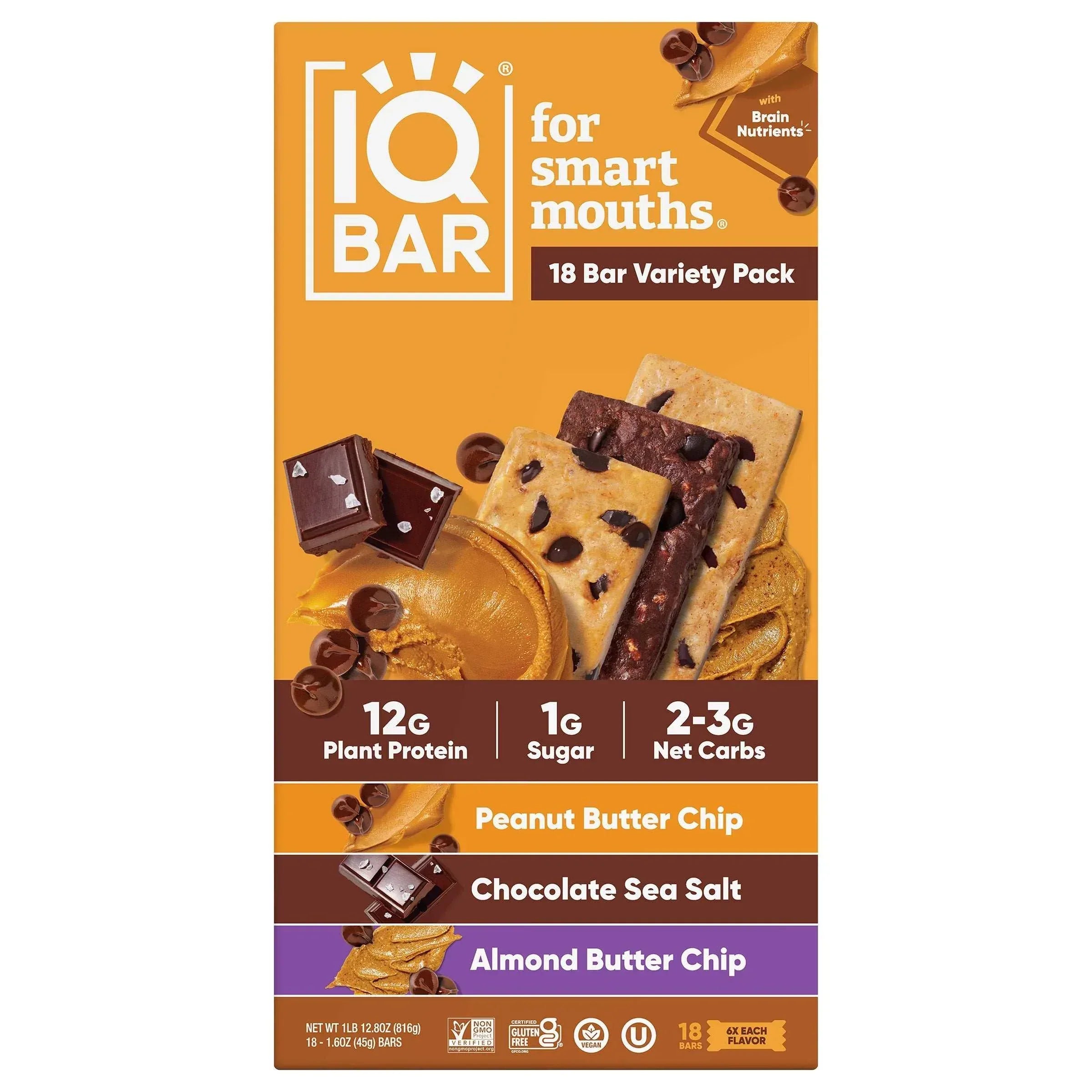 IQBAR Plant Protein Bars, Variety Pack, 1.6 oz, 18-count