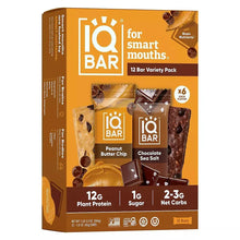 IQBAR 12-bar variety pack box showing Chocolate Sea Salt and Peanut Butter Chip bars