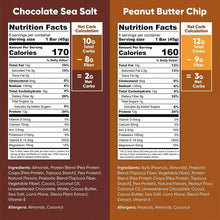 Nutrition facts panels for Chocolate Sea Salt and Peanut Butter Chip bars on box