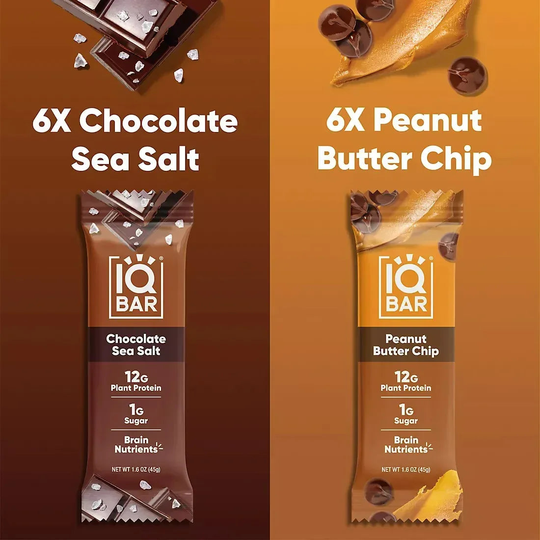 IQBAR Plant Protein Bars Chocolate Sea Salt Peanut and Butter Chip Variety Pack, 12g Protein, 12 ct.