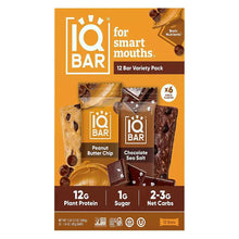 IQBAR 12-bar variety pack box with Chocolate Sea Salt and Peanut Butter Chip labels