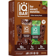 IQBAR protein bar variety pack box showing chocolate sea salt and mint chip bars