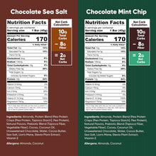 Nutrition facts labels for chocolate sea salt and chocolate mint chip protein bars