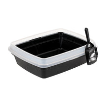 Front view open-top cat litter box with scoop, light blue rim and black plastic pan