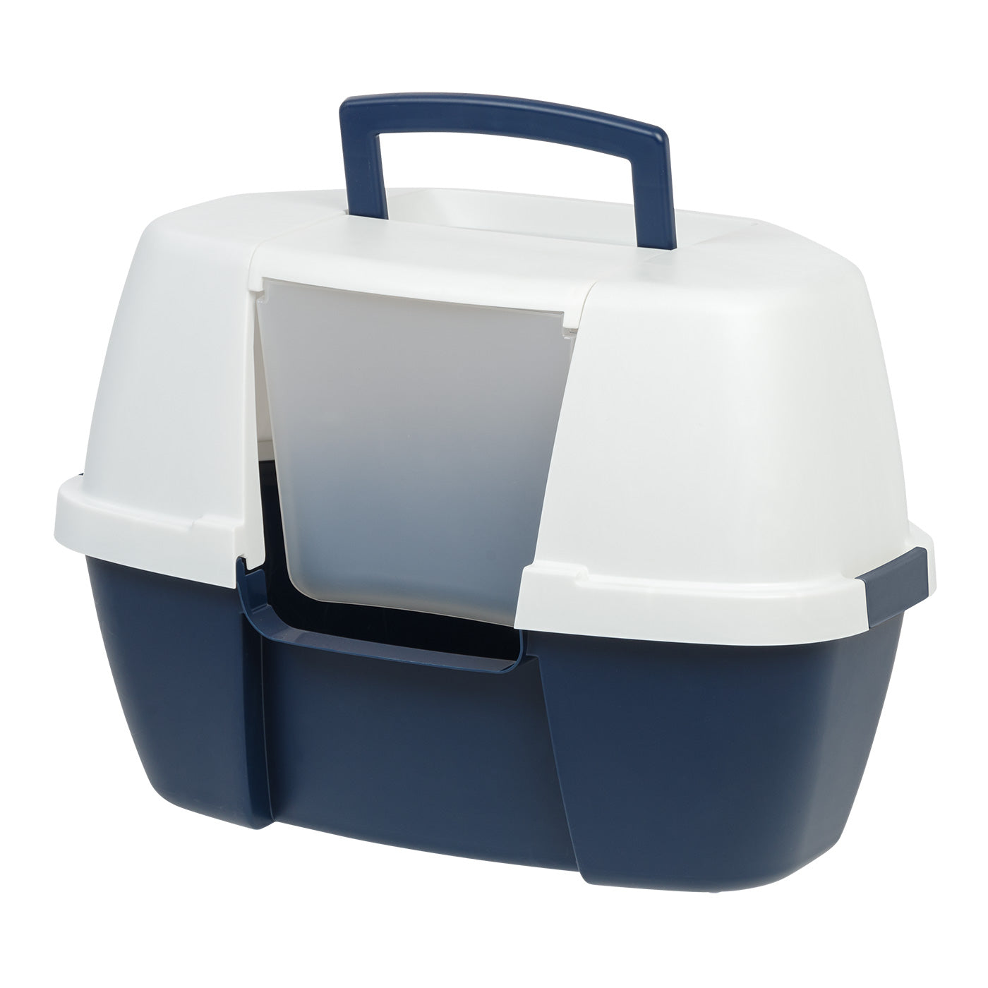 IRIS Large Covered Cat Litter Box with Front Door Flap | Enclosed Design & Handle Navy/White
