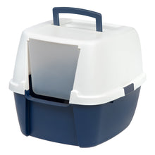 Covered cat litter box in navy and white with front door flap and top handle