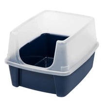 Navy and white open top cat litter box with side shield and entry opening