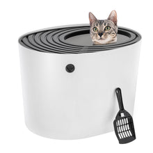 White round enclosed cat litter box with top entry and black scoop attached