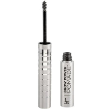 Silver brow pomade tube with applicator spoolie brush and small cap.